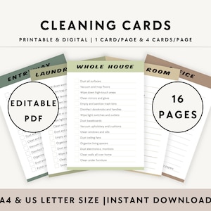 Peut inclure: Cartes de nettoyage avec une conception de liste de contrôle. Les cartes sont étiquetées "Entrée Buanderie", "Maison Entière" et "Chambre Bureau". Les mots "PDF modifiable" et "16 pages" sont également visibles. Les cartes sont disponibles en format A4 et US Letter.