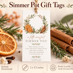 Simmer Pot Tags with Instructions, Printable A Little Comfort Botanical Wreath Labels for Thinking of You Gifts and Friendship Care Packages