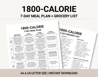 1800-Calorie Meal Plan PDF, 7-Day Grocery Food List Printable, Calorie Deficit Diet Weight Loss