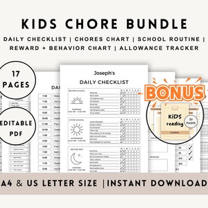 May include: A printable bundle of 17 pages of chore charts for kids, including a daily checklist, chore chart, school routine, reward and behavior chart, and allowance tracker. The bundle also includes a bonus 23-page kids reading journal.