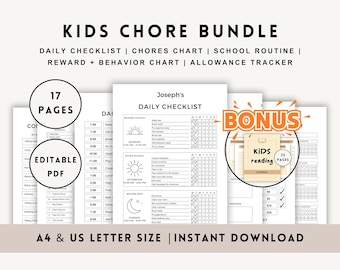 Editable Kids Chore Chart Bundle, Weekly Checklist, Allowance, Reward, Behavior, Consequence, Bedtime, Before After School Routine Printable
