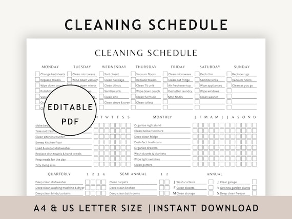 Minimalist Cleaning Checklist Printable, Simple EDITABLE Cleaning Schedule, Daily Weekly Monthly Household Chore List
