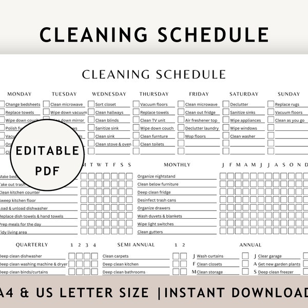 Minimalist Cleaning Checklist Printable, Simple Editable Cleaning Schedule, Daily Weekly Monthly Household Chore List, ADHD To Do Planner A4