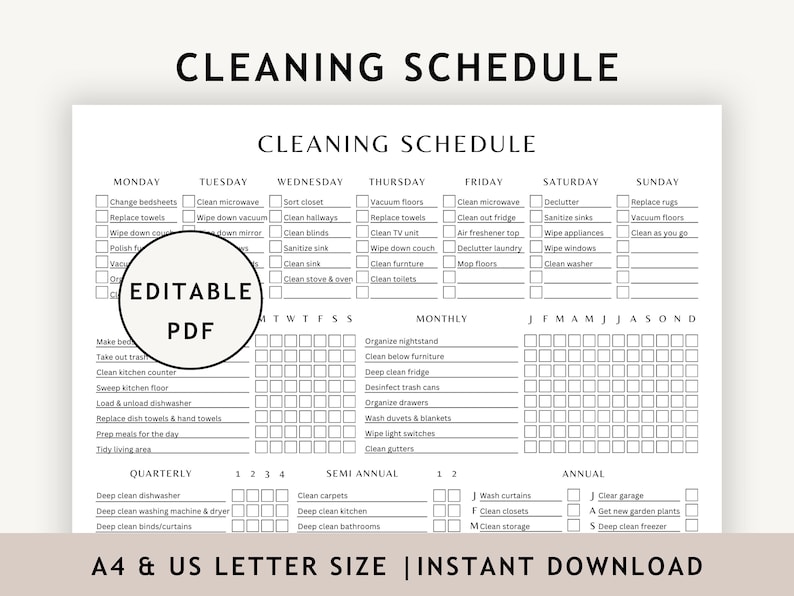 Streamline your cleaning routine with our minimalist cleaning checklist. Organize tasks, stay on top of chores, and achieve a pristine home effortlessly. Download, print, and transform your cleaning with this ADHD cleaning schedule. Editable PDF
