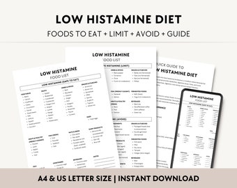 May include: A printable guide to the low histamine diet. The guide includes a food list with foods to eat, limit, and avoid. The guide is available in A4 and US letter size.