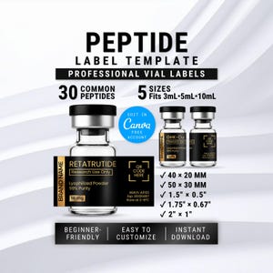 Könnte beinhalten: Eine digitale Vorlage für Peptid-Fläschchenetiketten mit schwarzem und goldenem Text auf einem klaren Glasfläschchen. Das Design enthält Platzhalter für Markennamen, Retatrutide, GHK-Cu, QR-Codes und Angaben wie 10 mg, 99% Reinheit und Größen von 40x20mm.