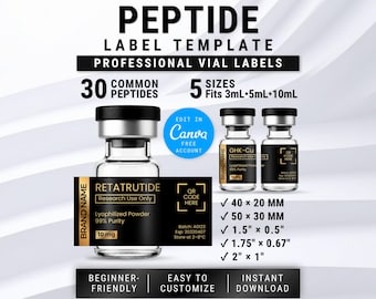 Etichette di lusso per peptidi, modello di etichetta per fiale, 40 x 20 mm, 50 x 30 mm, design nero e oro, Retatrutide personalizzato, Tirzepatide