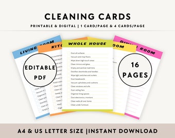 Room Cleaning Checklist, Printable Cleaning Cards, ADHD Family Kids Room Clean Bundle, House Chores, Editable PDF, Bathroom, Bedroom, Zone