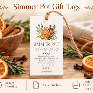 May include: A rectangular white gift tag with a jute twine loop, featuring a watercolor illustration of dried orange slices, cinnamon sticks, and greenery. The text reads Simmer Pot, A thoughtful little gift, and instructions for use. The tag measures 2 x 3.5 inches.
