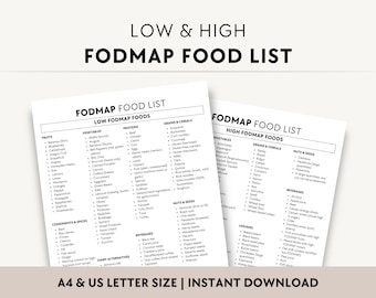 Puede incluir: Una lista de alimentos FODMAP imprimible en blanco y negro, dividida en dos columnas, alimentos bajos en FODMAP y alimentos altos en FODMAP. La lista incluye frutas, verduras, proteínas, cereales y cereales, frutos secos y semillas, condimentos y especias, bebidas, alternativas lácteas y legumbres.