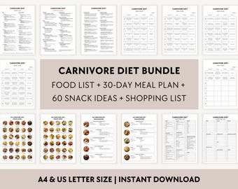 Carnivore Diet List Bundle PDF, 30-Day Meal Plan, Shopping Grocery Guide, Snack Ideas Printable
