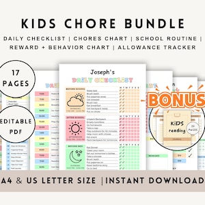 May include: A printable bundle of 17 pages of checklists and charts for children. The bundle includes a daily checklist, chore chart, school routine, reward and behaviour chart, and allowance tracker. The bundle also includes a bonus 23-page kids reading journal. The pages are designed with a colourful, playful aesthetic.