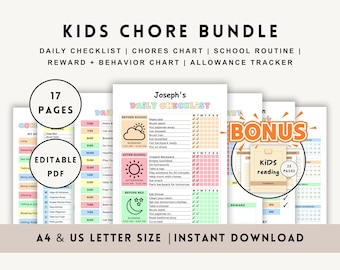 Editable Kids Chore Chart Downloadable, Daily Weekly Routine Checklist, ADHD Toddler Responsibility Allowance Behavior Tracker Printable PDF