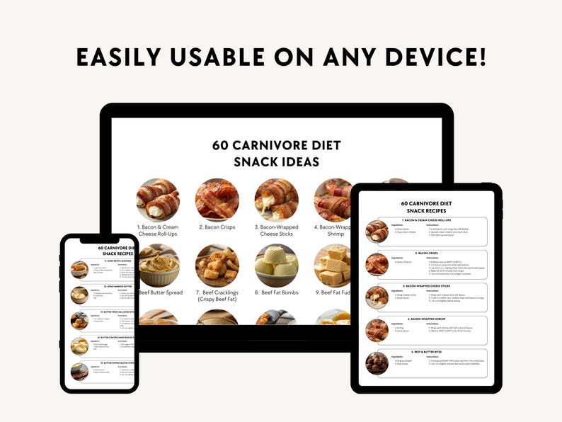 Looking for Carnivore Diet snacks recipes? Try these simple and delicious ideas to satisfy your cravings! Beef jerky recipes are easy to make at home with lean cuts of beef and your favorite seasonings. Cheese crisps can be baked to crispy perfection for a crunchy snack. Ground beef meatballs or bacon-wrapped avocado make a savory, protein-packed option. For a quick treat, try deviled eggs. The Carnivore diet snacks recipes will keep you on track with your low-carb goals! pdf printable download