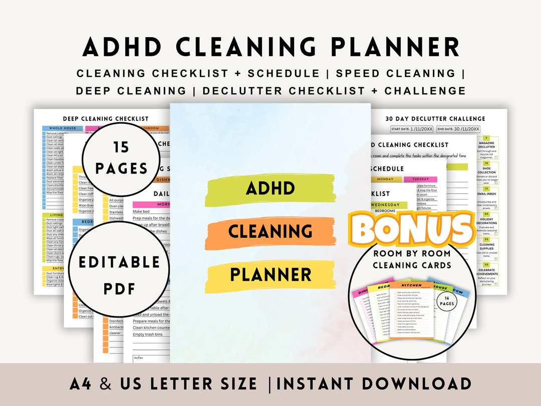 EDITABLE ADHD Cleaning Planner, Printable House Cleaning Checklist ...