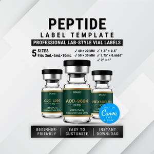 May include: A digital template for peptide vial labels featuring three clear glass vials with silver caps and dark green labels. Text includes PEPTIDE LABEL TEMPLATE, PROFESSIONAL LAB-STYLE VIAL LABELS, 5 SIZES, and specific dimensions in inches and millimeters.