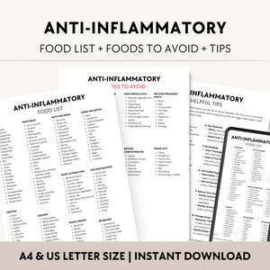 Könnte beinhalten: Ein druckbarer Leitfaden für eine entzündungshemmende Ernährung. Der Leitfaden enthält eine Lebensmittel-Liste, Lebensmittel, die zu vermeiden sind, und hilfreiche Tipps. Der Leitfaden ist in den Formaten A4 und US-Brief verfügbar.