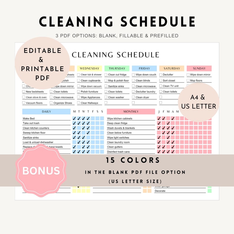 Daily, Weekly, Monthly Cleaning Schedule Printable, Editable Deep House ...