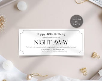 Modello di voucher minimalista per una notte fuori, buono regalo per hotel, biglietto modificabile per una fuga nel fine settimana, invito per una vacanza in patria