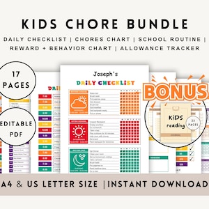 May include: A colorful printable bundle of 17 pages for kids, including a daily checklist, chore chart, school routine, reward and behavior chart, and allowance tracker. The bundle also includes a bonus 23-page kids reading journal.