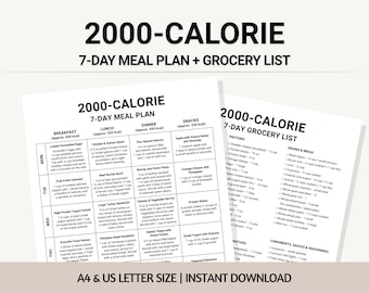 2000-Calorie Meal Plan PDF, 7-Day Grocery Food List Printable, Calorie Deficit Diet Weight Loss
