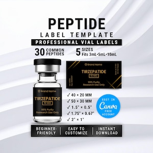 Op de afbeelding: Een digitaal sjabloon voor peptide-flesjeslabels met zwarte en gouden tekst. Het ontwerp bevat een helder glazen flesje met een zwarte dop en een rechthoekig label met de tekst Tirzepatide 10 mg, 99% Purity, Research Use Only. Inclusief vijf formaten in mm.