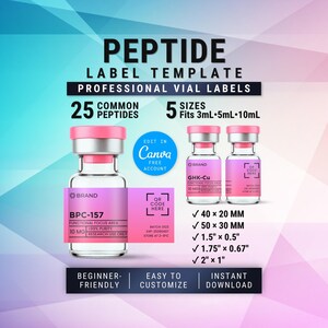 Puede incluir: Una plantilla digital para etiquetas de viales de péptidos con diseños de degradado rosa y morado. El gráfico muestra viales de vidrio transparente con tapas rosas, el texto PEPTIDE LABEL TEMPLATE y cinco tamaños, incluyendo 40 x 20 mm.