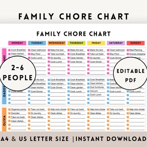 May include: A printable chore chart for 2-6 people with a colorful design. The chart is divided into days of the week and includes chores such as making the bed, taking out the trash, doing laundry, and cleaning the kitchen. The chart is labeled "Editable PDF".