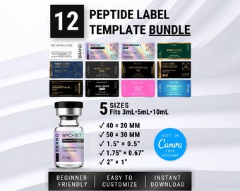 Pacchetto di modelli per etichette di peptidi / 12 design modificabili con Canva / Etichette stampabili per fiale mediche (download digitale)