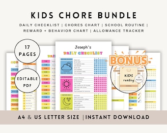 Kids Daily Routine Chart Printable, Editable Weekly Chore Schedule PDF, Toddler Allowance Reward Bundle, Behavior, Responsibility Checklist