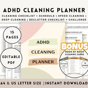 ADHD Reinigungsplaner Bundle, Deep Clean House Checklist druckbar, Haushaltsaufgaben Chart, wöchentlich bearbeitbarer Reinigungsplan für Erwachsene Teenager