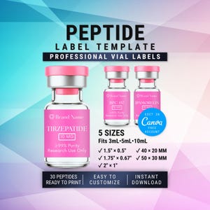 Pink Peptide Label Template | Canva Editable | 3ml Vial Labels | 40x20mm 50x30mm 2x1 (Digital Download)
