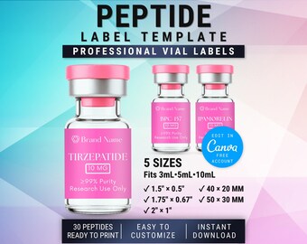 Modello di etichetta per peptide rosa / Modificabile con Canva / Etichette per fiale da 3 ml / 40 x 20 mm 50 x 30 mm 2x1 (Download digitale)