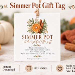 Simmer Pot Gift Tags with Instructions, Printable Orange Cinnamon Botanical Labels for Homemade Potpourri, Neighbor Gifts and Hostess Favors