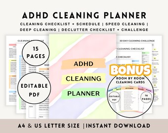 Könnte beinhalten: Ein druckbarer ADHD-Reinigungsplaner mit einem bunten Regenbogenhintergrund. Der Planer umfasst 15 Seiten mit Checklisten, Zeitplänen und Herausforderungen für schnelles Reinigen, gründliches Reinigen und Entrümpeln. Er enthält außerdem einen Bonus-Satz mit 16 Raum-für-Raum-Reinigungs-Karten. Der Planer ist in den Formaten A4 und US-Brief verfügbar und kann sofort heruntergeladen werden.