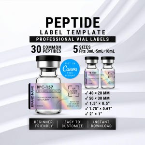 Puede incluir: Una plantilla digital para etiquetas de viales de péptidos con texto y gráficos holográficos. El diseño incluye espacios para nombres de marca, códigos QR e información de lote. Enumera cinco tamaños en mm para viales de 3ml, 5ml y 10ml.