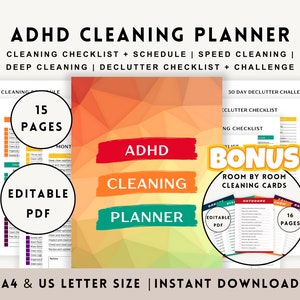 Planejador de cronograma de limpeza para TDAH para impressão, lista de verificação de limpeza de casa profissional em PDF, gráfico de tarefas para adultos editável, banheiro de quarto com limpeza profunda