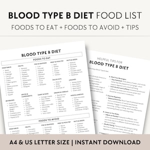 Blood Type B Diet Food List PDF, Blood Group B Healthy Eating Guide, Food Sensitivities Grocery List Printable, Food to Eat and Avoid Chart