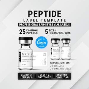 Modern Peptide Label Template | Printable 3ml 5ml 10ml Medical Vial Labels | Editable Canva Design
