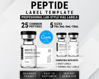 Modello moderno per etichette di peptidi / Etichette stampabili per flaconi medicali da 3 ml, 5 ml e 10 ml / Design modificabile in Canva