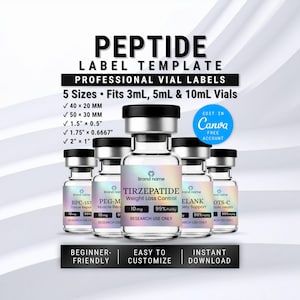Könnte beinhalten: Eine digitale Vorlage für Peptid-Fläschchenetiketten in fünf Größen: 40x20mm, 50x30mm, 1.5x0.5 Zoll, 1.75x0.6667 Zoll und 2x1 Zoll. Die Grafik zeigt fünf klare Glasfläschchen mit schwarzen Verschlüssen und schillernden Etiketten.