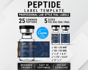 Modello di etichetta per peptidi di lusso / Etichette per fiale stampabili / Blu navy e oro modificabili / BPC157, GHKCu, Retatrutide