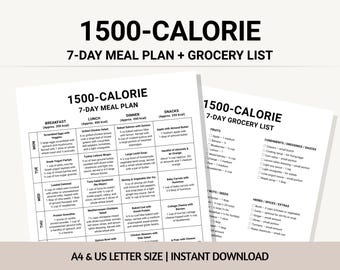1500-Calorie Meal Plan PDF, Printable 7-Day Calorie Deficit Diet, Daily Menu, Weekly Grocery List