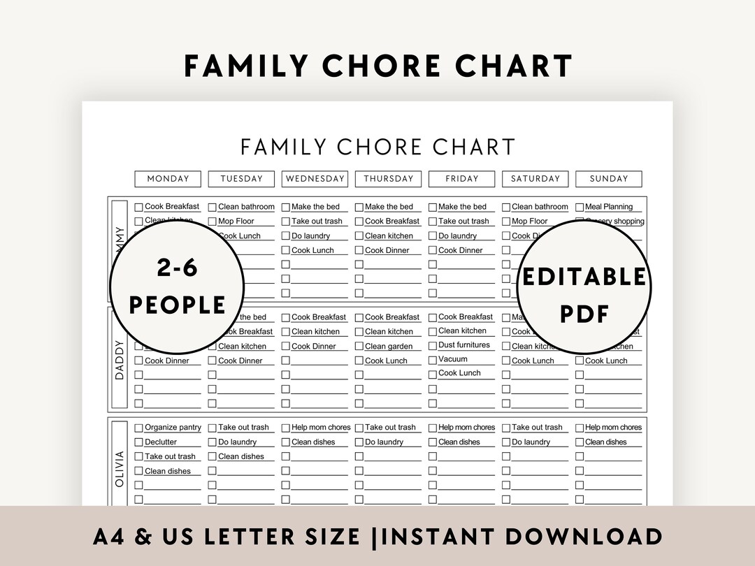 Simple Chore Chart, Minimalist Family Cleaning Schedule for 2-6 ...