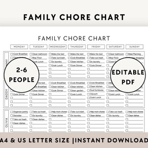 Puede incluir: Un gráfico de tareas domésticas imprimible en blanco y negro para 2-6 personas. El gráfico está dividido en días de la semana e incluye una lista de tareas para cada día. El texto "PDF editable" está en un círculo en la esquina inferior derecha del gráfico.
