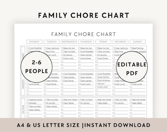 Family Chore Chart: Minimalist, Editable Cleaning Schedule for 2-6, Simple Weekly Household Checklist Printable