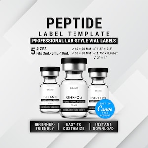 Może przedstawiać: Cyfrowy szablon etykiet na fiolki z peptydami z trzema przezroczystymi szklanymi fiolkami ze srebrnymi nakrętkami. Tekst zawiera PEPTIDE LABEL TEMPLATE, PROFESSIONAL LAB-STYLE VIAL LABELS, 5 SIZES, 3ml, 5ml, 10ml, 40x20mm, 50x30mm, 1.5x0.5in, 1.75x0.6667in, 2x1in, SELANK, GHK-Cu, IGF-1 LR3, 10mg, RESEARCH USE ONLY, BEGINNER-FRIENDLY, EASY TO CUSTOMIZE, INSTANT DOWNLOAD oraz niebieskie logo Canva.
