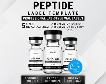 Etichette per peptidi modificabili / Modelli di etichette per fiale stampabili / GHK Cu, Tirzepatide, Retatrutide / Marketing dei peptidi
