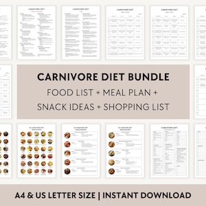 Carnivore dieetlijstbundel pdf, te eten, 30-dagen maaltijdplan, boodschappengids afdrukbaar, snackideeën, recepten, maaltijdvoorbereiding, vleesmenu