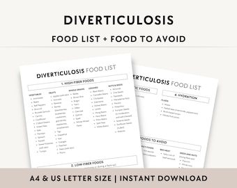 Diverticulosis Food List Printable, Low and High Fiber Foods, Diverticular Disease Diet Sheet PDF